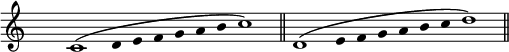 
\relative c'{
\override Staff.TimeSignature #'transparent = ##t
\override Score.NonMusicalPaperColumn #'padding = #1
\time 14/4
c1^\( 
\override Stem #'stencil = ##f 
\override Stem #'length = #0 
d4 e f g a b
\override Stem #'stencil = ##t 
\override Stem #'length = #3.5
c1\) \bar "||"  
d,1^\(
\override Stem #'stencil = ##f
\override Stem #'length = #0  
e4 f g a b c
\override Stem #'stencil = ##t 
\override Stem #'length = #3.5
d1\) \bar "||"
}
