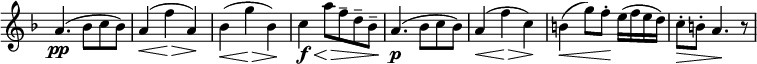 
\relative c'' \new Staff \with { \remove "Time_signature_engraver" } {
 \key f \major \time 3/4 \set Score.tempoHideNote = ##t \tempo "" 4=134
 a4.\pp ( bes8 c bes) a4\<( f'\> a,\!) bes\<( g'\> bes,\! ) c\f \< a'8\> f-- d-- bes--
 a4.\p ( bes8 c bes) a4\< ( f'\> c\! ) b\< ( g'8) f-.\! e16( f e d) c8-.\> b-. a4.\! r8
}
