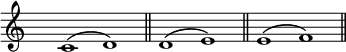 
\relative c'{
\override Staff.TimeSignature #'transparent = ##t
\override Score.NonMusicalPaperColumn #'padding = #1
\time 8/4
c1^\(  d\) \bar "||"  d^\( e\) \bar "||"  e^\( f\) \bar "||"
}
