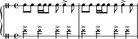 
\new GrandStaff <<
 \new DrumStaff \with { drumStyleTable = #percussion-style \override StaffSymbol #'line-count = #1 \magnifyStaff #5/7 }
 \drummode {
 \set Score.tempoHideNote = ##t
 \time 4/4
 \tempo 4 = 178 sn8 sn sn16 sn sn8 sn sn4-> sn8 sn8 sn sn16 sn sn8 sn sn4-> sn8
 }
 \new DrumStaff \with { drumStyleTable = #percussion-style \override StaffSymbol #'line-count = #1 \magnifyStaff #5/7 }
 \drummode { 
 cymr4-> cymr4-> cymr4-> cymr4-> cymr4-> cymr4-> cymr4-> cymr4-> 
 }
>>
