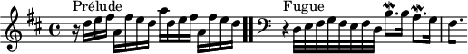 
\version "2.18.2"
\header {
  tagline = ##f
}

\score {
  \new Staff \with {

  }
<<
  \relative c'' {
    \key d \major
    \time 4/4

     %% INCIPIT CBT I-5, BWV 850, ré majeur
     r16^\markup{Prélude} d16 e fis a, fis' e d a' d, e fis a, fis' e d \bar ".."
      \skip 8*1
      \override Staff.Clef.extra-offset = #'( -1 . 0 )
      \clef bass 
      \partial 1
     r4^\markup{Fugue}  d,,32 e fis g fis e fis d b'8.\mordent b16 a8.\mordent g16 
{ 
 % suppression des warnings :
 #(ly:set-option 'warning-as-error #f)
 #(ly:expect-warning (_ "stem does not fit in beam")) %% <= à traduire éventuellement
 #(ly:expect-warning (_ "beam was started here")) %% <= à traduire éventuellement
  \set stemRightBeamCount = #1
  fis4.*1/4[ s]
}

  }
>>
  \layout {
     \context { \Score \remove "Metronome_mark_engraver" 
     \override SpacingSpanner.common-shortest-duration = #(ly:make-moment 1/2) 
}
  }
  \midi {}
}
