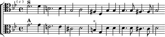 \new ChoirStaff <<
  \new Staff \relative d' { \clef tenor \key g \minor \time 4/4 \mark \markup \tiny { (\italic"c") }
    d2.^\markup \bold "S" d4 | b2. b4 | g2 a |
    fis4 d g g | g4. g8 fis4. fis8 | g2 }
  \new Staff \relative g' { \clef alto \key g \minor
    g2.^\markup \bold "A" g4 | e2. e4 | cis2 d |
    b4^"*" g d' d | d4. d8 cis4. cis8 | d2 } >> 