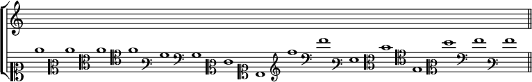 
\new ChoirStaff <<
  \new Staff = "à compléter" {
    \override Staff.TimeSignature #'stencil = ##f
    \cadenzaOn
    s1 s s s s s s s s s s s s s s s
    \bar "||"
  }
  \new Staff = "exercice" {
    \relative c'' {
      \override Staff.TimeSignature #'stencil = ##f
      \cadenzaOn
      \clef soprano e
      \clef mezzosoprano c
      \clef alto a
      \clef tenor f
      \clef varbaritone b,
      \clef bass g
      \clef mezzosoprano e'
      \clef soprano b
      \clef french a''
      \clef bass f,
      \clef varbaritone g,
      \clef alto b'
      \clef tenor e,,
      \clef mezzosoprano f''
      \clef bass f,
      \clef varbaritone a
      \bar "||"
    }
  }
>>
