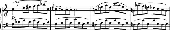 
 \relative c' {
  \new PianoStaff <<
   \new Staff \with { \remove "Time_signature_engraver" } { \key c \major \time 4/4
    \override TextScript #'avoid-slur = #'inside
    \override TextScript #'outside-staff-priority = ##f
    d'4^\markup    
    \override #'(baseline-skip . 1) {
     \halign #-4
     \teeny \center-column {
      \musicglyph #"scripts.turn"
      \sharp
     }
    } ( e8 fis g a bes d,) \acciaccatura e8 d( cis) cis-. cis-. cis2
    c!8( fis a fis c' a fis c) b!( aes' g f! es d c b)
   }
   \new Dynamics {
    s4\p
   }
   \new Staff \with { \remove "Time_signature_engraver" } { \key c \major \time 4/4 \clef bass
    g,8( bes d bes d bes g bes) g( a e' a, e' a, g a)
    fis( a d a d a fis a) f!( g d' g, d' g, f g)
   }
  >>
 }
