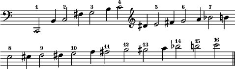 
\language "italiano"
melody = \relative do, {
  \override Staff.TimeSignature.color = #white
  \override Staff.TimeSignature.layer = #-1
  \clef "bass"
  \time 43/4
  do2^1 si'4 do2^2 fad4 sol2^3 si4 do2^4 
  \clef treble
  red4 mi2^5 fad4 sol2^6 la4 sib2^7 si4 \bar " " \break
  \once \override Score.Clef.break-visibility = ##(#f #f #f)
  do2^8 dod4 re2^9 red4 mi2^10 fa4 fad2^11 sol^12 sold^13 la4 sib2^14 si^15 do^16 \bar "||"
}
\score {
  <<
    \new Voice = "mel" { \autoBeamOff \melody }
  >>
  \layout {
    \context { \Staff 
               \RemoveEmptyStaves 
             }
    indent = 0\cm
    line-width = #120
    \override Score.BarNumber #'stencil = ##f
  }
  \midi { }
}
\header { tagline = ##f}
