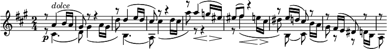 
\relative a' {
 \version "2.18.2"
 \key a \major \time 2/4
 \set Score.tempoHideNote = ##t \tempo 4 = 60
 \set Staff.midiInstrument = "violin"

 <<
 {r8\p a4^\markup { \italic dolce }( b16 a | gis8) r8 r4 | r8 d'4( e16 d | cis8) r8 r4 | r8 a'4(\< g16\> eis)\! | eis8( fis) r4 | r8 e16( d cis8) r | r fis,16( e dis8) r | r8 }
 \\
 {r8 cis4.( | d8) gis4( a16 gis | d'8) b,4.( | a8) cis'4( d16 cis | a'8) r r4 | r8 fis4(\< e16\> cis\! | dis8)\noBeam b,( cis)\noBeam b'16( a | gis8) r r d16( b | a8) }
 >>
}
