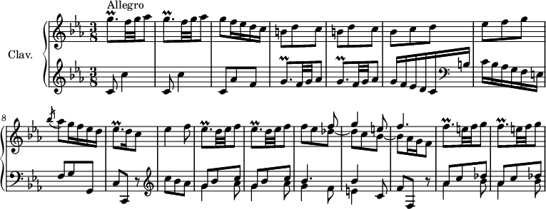 
\version "2.18.2"
\header {
 tagline = ##f
 % composer = "Domenico Scarlatti"
 % opus = "K. 303"
 % meter = "Allegro"
}

%% les petites notes
trillGqpUp = { \tag #'print { g'8.\prall } \tag #'midi { a32 g a g~ g16 } }
trillGqp = { \tag #'print { g8.\prall } \tag #'midi { a32 g a g~ g16 } }
trillEesqp = { \tag #'print { ees8.\prall } \tag #'midi { f32 ees f ees~ ees16 } }
trillFqpUp = { \tag #'print { f'8.\prall } \tag #'midi { g32 f g f~ f16 } }

upper = \relative c'' {
 \clef treble 
 \key c \minor
 \time 3/8
 \tempo 4. = 62
 \set Staff.midiInstrument = #"harpsichord"
 \override TupletBracket.bracket-visibility = ##f

 s8*0^\markup{Allegro}
 \repeat unfold 2 { \trillGqpUp f32 g aes8 } | g8 f16 ees d c | \repeat unfold 2 { b8 d c }
 % ms. 6
 bes8 c d | ees f g | \acciaccatura bes16 aes8 g16 f ees d | \trillEesqp d16 c8 | ees4 f8 | \repeat unfold 2 { \trillEesqp d32 ees f8 }
 % ms. 13
 << { s4 f8 | g4 e8 | f4. } \\ { f8 ees des~ | des c bes~ | bes aes16 g f8 } >> | \repeat unfold 2 { \trillFqpUp e32 f g8 }
 % ms. 18
 
 % ms. x
 

}

lower = \relative c' {
 \clef bass
 \key c \minor
 \time 3/8
 \set Staff.midiInstrument = #"harpsichord"
 \override TupletBracket.bracket-visibility = ##f

 % ************************************** 
 \clef treble \repeat unfold 2 { c8 c'4 } | c,8 aes' f | \repeat unfold 2 { \trillGqp f32 g aes8 } |
 % ms. 6
 g16 f ees d c \clef bass b | c bes aes g f e | f8 g g, | c c, r8 | \clef treble c'''8 bes aes | \repeat unfold 2 { << { g8 bes c } \\ { g4 aes8 } >> }
 % ms. 12
 << { bes4. | bes4 c,8 } \\ { g'4 f8 | e4 } >> f8 f, r8 | \repeat unfold 2 { << { aes'8 c des } \\ { aes4 bes8 } >> }
 % ms. 18
 
 % ms. x
 

}

thePianoStaff = \new PianoStaff <<
 \set PianoStaff.instrumentName = #"Clav."
 \new Staff = "upper" \upper
 \new Staff = "lower" \lower
 >>

\score {
 \keepWithTag #'print \thePianoStaff
 \layout {
 #(layout-set-staff-size 17)
 \context {
 \Score
 \override SpacingSpanner.common-shortest-duration = #(ly:make-moment 1/2)
 \remove "Metronome_mark_engraver"
 }
 }
}

\score {
 \keepWithTag #'midi \thePianoStaff
 \midi { }
}
