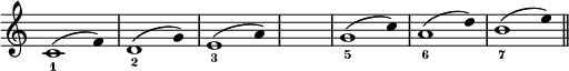 
\relative c' {
  \override Staff.TimeSignature #'stencil = ##f
  \override Stem #'stencil = ##f
  \key c \major
  \time 5/4
  c1^(_1 f4)
  d1^(_2 g4)
  e1^(_3 a4)
  s4*5
  g1^(_5 c4)
  a1^(_6 d4)
  b1^(_7 e4)
  \bar "||"
}
