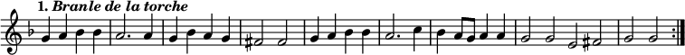 { \override Score.TimeSignature #'stencil = ##f \time 4/4 \key f \major \tempo \markup { 1. \italic "Branle de la torche" } \partial 16 \relative g' { s16 \bar ":" g4 a bes bes | a2. a4 | g bes a g | fis2 fis | g4 a bes bes | a2. c4 | bes a8 g a4 a | g2 g \bar ":|:" \repeat volta 1 { e fis | g g } } }