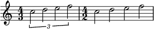 
{\ tiempo 4/3 \ tiempos 2/3 {c''2 d '' e '' f ''} \ tiempo 4/2 c '' d '' e '' f ''}
