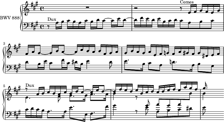 
\version "2.18.2"
\header {
  tagline = ##f
}

Dux           = { r8^\markup{Dux} a16 b cis b a cis b d cis8~ cis16 e d8~ d16 fis e d e b cis d }
Comes         = { r8^\markup{Comes} e16 fis gis fis e gis fis a gis8~ gis16 b a8~ a16 cis b a b fis gis a } 

upper = \relative c' {
  \clef treble 
  \key a \major
  \time 4/4
  \tempo 4 = 72
  \set Staff.midiInstrument = #"harpsichord" 

   %% FUGUE CBT II-19, BWV 888, la majeur
   R1 r2 \Comes gis16 b a gis a e fis g fis a gis fis gis dis e fis
   << { \Dux cis16 d e fis e a gis fis gis16 } \\ { e,4. fis8 gis8. gis16 a8. a16 b4 r8 s2 s8 b4~ } >>

}

lower = \relative c' {
  \clef bass 
  \key a \major
  \time 4/4
  \set Staff.midiInstrument = #"harpsichord" 
    
   \Dux cis8 a b cis d b16 e cis8 fis16 cis dis b e4 dis8 | e8. b16 cis8 a d!8. a16 b8 gis cis16 d cis b a8. a16 e'8. e,16 fis8. fis'16 
   << { \stemDown gis4 r8 \stemUp gis8 a gis a \stemDown \change Staff = "upper" b8 } \\ { s4 s8 e,8 a, b cis dis e } >>
    
} 

\score {
  \new PianoStaff <<
    \set PianoStaff.instrumentName = #"BWV 888"
    \new Staff = "upper" \upper
    \new Staff = "lower" \lower
  >>
  \layout {
    \context {
      \Score
      \remove "Metronome_mark_engraver"
    }
  }
  \midi { }
}
