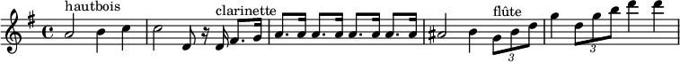 
{
\relative c'' {
    \key g \major
    \time 4/4
    a2^"hautbois" b4 c4 c2 d,8 r16 d16^"clarinette" fis8. g16
    a8. a16 a8. a16 a8. a16 a8. a16
    ais2 b4 \times 2/3 { g8^"flûte" b d }
    g4 \times 2/3 { d8 g b } d4 d4
 }
}
