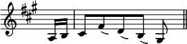 
\language "italiano"
melody=\relative do' {
  \key la \major
  \time 7/8
  \partial 8 la16[ si] | dod8[ 
  \override Slur.dash-definition = #'((0 0.5 1 1)(0.5 1 0 0)) fad8( s16) re8( s16) si8]( s16) sold8 s16
  \bar "||"
}
\score {
  <<
    \new Staff = "staff" {
      \new Voice = "melody" {
        \melody
      }
    }
  >>
  \layout {
    \context { \Staff 
               \RemoveEmptyStaves 
               \remove "Time_signature_engraver"
             }
    indent = 0\cm
    \override Score.BarNumber #'stencil = ##f
    line-width = #120
  }
  \midi { }
}
\header { tagline = ##f}
