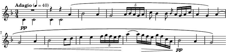 
{ \sleutel treble \toets d \mineur \time 3/4 \tempo "Adagio" 4 = 40 \new Stem = "melodie" { << { \voiceOne R2.  r4 r4 a'4( } \new Voice { \voiceTwo c'4 \pp c'2 c'4 c'2 } >> \oneVoice bes'2 a'4 g'2 \tuplet 5/4 { a'16 bes' a' g' a' } c''8 bes'4 bes'8 \slashedGrace bes' a'16 g' a' c'' a'4 g') a'\( \break g'2 a' 4\< bes'2 c''8 d'' e''4 e'' \tuplet 5/4 { f''16 g'' f'' e'' f'' } a''4\!( a''16) g''\> f'' e'' g'' f'' c'' a'\! bes'2 \pp a'4 g'2\) } }
