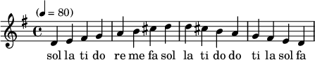 
\language "english"  
\transpose c g \relative c' 
{\set Staff.midiInstrument = #"reed organ" \key c \major
\time 4/4 \tempo "" 4 = 80 %
g a b c d e fs g g fs e d c b a g
}
\addlyrics{sol la ti do re me fa sol la ti do do ti la sol fa me re do ti la sol}
