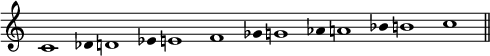 
\relative c' {
  \override Staff.TimeSignature #'stencil = ##f
  \override Stem #'stencil = ##f
  \key c \major
  \cadenzaOn
  c1 des4
  d1 es4
  e1 
  f1 ges4
  g1 as4
  a1 bes4
  b1 
  c1
  \bar "||"
}
