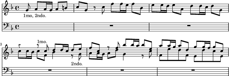 << \override Score.Rest #'style = #'classical \new Staff { \key f \major \time 4/4 \partial 2. \relative g' { s8_"1mo, 2ndo." g a a16 g a8 b | c g r c f f16 e f8 bes, | e8 e16 d e8 a, d d16 c d8 g, | << { r4 r8^"1mo." c d d16 c d8 e | f c r f bes bes16 a bes8 e, | a a16 g a8 d, g g16 f g8 c, } \\ { c8 c16 bes c8 f, bes4 r8_"2ndo." g a a16 g a8 d g,4 r8 c | f, e' d f, e d' c e, } >> } }
\new Staff { \clef bass \key f \major R2. R1*5 } >>