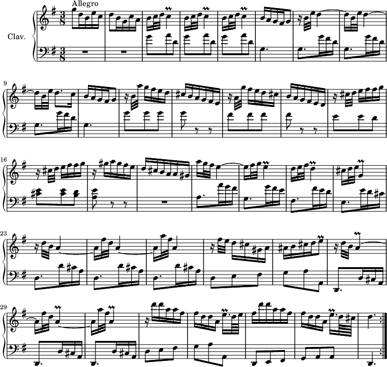 
\version "2.18.2"
\header {
  tagline = ##f
  % composer = "Domenico Scarlatti"
  % opus = "K. 171"
  % meter = "Allegro"
}

%% les petites notes
trillC       = { \tag #'print { c4\prall } \tag #'midi { d32 c d c~ c8 } }
trillE       = { \tag #'print { e4\prall } \tag #'midi { fis32 e fis e~ e8 } }
trillD       = { \tag #'print { d4\prall } \tag #'midi { e32 d e d~ d8 } }
trillGDown   = { \tag #'print { g,4\prall } \tag #'midi { a32 g a g~ g8 } }
trillEqqpUp  = { \tag #'print { e'16.\prall } \tag #'midi { \times 2/3 { e32 fis e~ } e32 } }
trillEq      = { \tag #'print { e8\prall } \tag #'midi { fis32 e fis   \tempo 4. = 20 e   \tempo 4. = 66 } }
trillA       = { \tag #'print { a4\prall~ } \tag #'midi { b32 a b a~ a8~ } }
trillADown   = { \tag #'print { a,4\prall~ } \tag #'midi { b32 a b a~ a8~ } }

upper = \relative c'' {
  \clef treble 
  \key g \major
  \time 3/8
  \tempo 4. = 66

  \repeat volta 2 {
      s8*0^\markup{Allegro}
      g'8 d16 b e c | d8 b16 g c a | \repeat unfold 3 { b c32 d \trillC } | b16 a g fis   \tempo 4. = 36 g8   \tempo 4. = 66 |
      % ms. 7
      r16 b32 e \repeat unfold 2 { d4~ | d16 b32 e } d8.[ c16] | b a g fis   \tempo 4. = 36 g8   \tempo 4. = 66 | r16 b32 a' g16[ fis e d] | cis b a g fis e |
      % ms. 13
      r16 a32 g' fis16[ e d cis] | b a g fis e d | \repeat unfold 2 { r16 cis'32 d e16[ fis fis g] } | r16 gis16 a gis fis e | d cis b a a gis |
      % ms. 19
      a'16 g32 fis e4~ | e16 fis32 g \trillE | d16 e32 fis \trillD | cis16 d32 e \trillGDown | r16 d'32 b a4~ | a16 fis'32 d a4~ |
      % ms. 25
      a16 a'32 fis a,4 | r16 fis'32 e d16[ cis gis a] | ais b cis d \trillEq | r16 d32 b \trillA | a16 fis'32 d \trillA | a16 a'32 fis \trillADown
      % ms. 31
      r16 d'16 d a a fis | fis[ d d a] \trillEqqpUp d64 e | fis16 d'16 d a a fis | fis[ d d a] \trillEqqpUp   \tempo 4. = 36 d64 cis | d4.   \tempo 4. = 66 }%repet
      % ms. 38
      
      % ms. 44
      

}

lower = \relative c' {
  \clef bass
  \key g \major
  \time 3/8

  \repeat volta 2 {
    % ************************************** \appoggiatura a16  \repeat unfold 2 {  } \times 2/3 { }   \omit TupletNumber 
      R4.*2 | \repeat unfold 3 { g'8 a d, } | g,4.
      % ms. 7
      \repeat unfold 3 { g8. g'16 fis d } | g,4. | g'8 g g | g r8 r8 |
      % ms. 13
      fis8 fis fis |fis r8 r8 | e8 e d | < cis e >8 q < b d > | < a e' > r8 r8 | R4.
      % ms. 19
      a8. a'16 g fis | g,8. g'16 fis e | fis,8. fis'16 e d | e,8. e'16 d cis | \repeat unfold 3 { d,8. d'16 cis a } | 
      % ms. 26
      d,8 e fis | g a a, | \repeat unfold 3 { d,8. d'16 cis a } | 
      % ms. 31
      d8 e fis | g a a, | d, e fis | g a a | d,4. }%repet
      % ms. 38
      
      % ms. 44
      

}

thePianoStaff = \new PianoStaff <<
    \set PianoStaff.instrumentName = #"Clav."
    \new Staff = "upper" \upper
    \new Staff = "lower" \lower
  >>

\score {
  \keepWithTag #'print \thePianoStaff
  \layout {
      #(layout-set-staff-size 17)
    \context {
      \Score
     \override TupletBracket.bracket-visibility = ##f
     \override SpacingSpanner.common-shortest-duration = #(ly:make-moment 1/2)
      \remove "Metronome_mark_engraver"
    }
  }
}

\score {
  \unfoldRepeats 
  \keepWithTag #'midi \thePianoStaff
  \midi { \set Staff.midiInstrument = #"harpsichord" }
}
