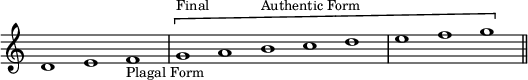 { \override Score.TimeSignature #'stencil = ##f \cadenzaOn d'1 e' f'_\markup { \small "Plagal Form" } \[ \bar "|" g'^\markup { \small Final } a' b'^\markup { \small "Authentic Form" } c'' d'' \bar "|" e'' f'' g'' \] \bar "||" }