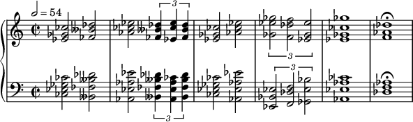 
{  \new PianoStaff <<
    \new Staff = "RH" \relative c' { \clef treble \time 2/2 \tempo 2 = 54 < ces' ges ees >2 <des beses fes > < ees ces aes > \times 2/3 { < des beses fes >4 < ees ces ees, > < des beses fes >} <ces ges ees >2 < ees ces aes > \times 2/3 { <ges ees ges,>2 <f des f,> <ees ges, ees> } <ges ces, ges ees>1 <des aes f> \fermata }
    \new Staff = "LH" \relative c' { \clef bass <ces ges ees ces>2 <des beses fes beses,> <ees aes, ees aes,> \times 2/3 { <des beses fes beses,>4 <ces aes ees aes,> <des beses fes beses,> } <ces ges ees ces>2 <ees aes, ees aes,> \times 2/3 { <ees, bes ees,>2 < f des f,> <bes ees, ges,> } <ces aes ees aes,>1 <aes f des > \fermata } >> }
