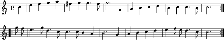 { \relative c'' { \partial 4 
  \repeat volta 2 { c4 | e f g a | fis g g4. fis8 |
    g2. g,4 | a b c d | %end line 1
    b c c4. b8 | c2. }
  \repeat volta 2 { g'8\noBeam f | e4. g8 d4. c8 | c4. c8 b4 a | %end line 2
    b2. g4 | a b c d | e f8\noBeam e d4. c8 | c2. } } }