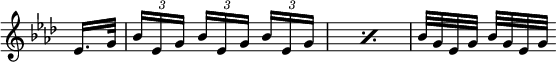 { \override Score.TimeSignature #'stencil = ##f \time 3/8 \key aes \major \partial 8 \relative e' { ees16. g32 | \repeat percent 2 { \repeat unfold 3 { \times 2/3 { bes16[ ees, g] } } } \repeat unfold 2 { bes32[ g ees g] } } }