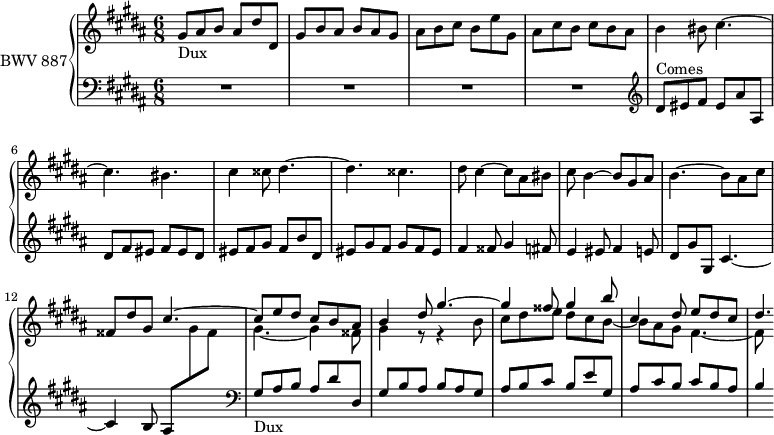 
\version "2.18.2"
\header {
 tagline = ##f
}

DuxNotes = { gis8 ais b ais dis dis, | gis b ais b ais gis | ais b cis b e gis, | ais cis b cis b ais }
Dux = { s8*0_\markup{Dux} \DuxNotes }
Comes = { s8*0^\markup{Comes} \transpose gis dis' \relative \DuxNotes }

upper = \relative c'' {
 \clef treble 
 \key gis \minor
 \time 6/8
 \tempo 4. = 98
 \set Staff.midiInstrument = #"harpsichord" 

 %% FUGUE CBT II-18, BWV 887, sol-dièse mineur
 \Dux b4 bis8 cis4.~ | cis bis cis4 cisis8 dis4.~ dis cisis | dis8 cis4~ cis8 ais bis | cis b4~ b8 gis ais

 %% ms. 11
 b4.~ b8 ais cis | 
 << { fisis, dis' gis, cis4.~ cis8 e dis cis b ais | b4 dis8 gis4.~ gis4 fisis8 gis4 b8 cis,4 dis8 e dis cis | dis4.*1/3 } \\ { s2. gis,4.~ gis4 fisis8 gis4 r8 r4 b8 | cis dis e dis cis b~ | b ais gis fis4.~ | fis8 } >>
 
}

lower = \relative c' {
 \clef bass 
 \key gis \minor
 \time 6/8
 \set Staff.midiInstrument = #"harpsichord" 

 R2.*4
 \clef treble \relative c'' { \Comes } fis4 fisis8 gis4 fis8 e4 eis8 fis4 e8 | dis gis gis, cis4.~ | cis4 b8 ais8 \stemDown \change Staff = "upper" gis' fisis \stemUp \change Staff = "lower"
 \clef bass \relative c'
 \Dux b,4*1/2
} 

\score {
 \new PianoStaff <<
 \set PianoStaff.instrumentName = #"BWV 887"
 \new Staff = "upper" \upper
 \new Staff = "lower" \lower
 >>
 \layout {
 \context {
 \Score
 \remove "Metronome_mark_engraver"
 }
 }
 \midi { }
}
