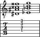  
<<
  %\override Score.BarLine.break-visibility = ##(#f #t #t)
  \time 2/1
    \new Staff  {
    \clef "treble_8"
        \once \override Staff.TimeSignature #'stencil = ##f
        <  dis ais cisis' fisis'>1 | <  ees bes d' g'>1 |
    }

     \new TabStaff {
       \override Stem #'transparent = ##t
       \override Beam #'transparent = ##t 
      s2 <  dis\4 ais\3 d'\2 g'\1>1 s2
  }
>>
