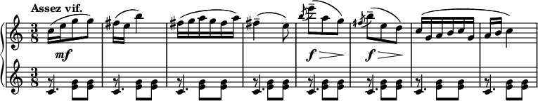 
\relative c'' {
  \new PianoStaff <<
   \new Staff { \key c \major \time 3/8 \set Score.tempoHideNote = ##t \tempo "Assez vif." 4.=96
    c16( e g8 g) fis16( e b'4) fis16( g a g fis a) fis4--( e8)
    \acciaccatura b'8 e8--( a, g) \acciaccatura fis8 b8--( e, d) c16( g a b c g a b c4)
   }
   \new Dynamics {
    s16 s\mf s4 s4. s s s8\f \> s s\! s\f \> s s\! 
   }
   \new Staff { \key c \major \time 3/8
    <<
     { c,4. c c c c c c c }
    \\
     {
      g'8\rest <g e> q g\rest q q g\rest q q g\rest q q
      g\rest q q g\rest q q g\rest q q g\rest q q
     }
    >> 
   }
  >>
 }
