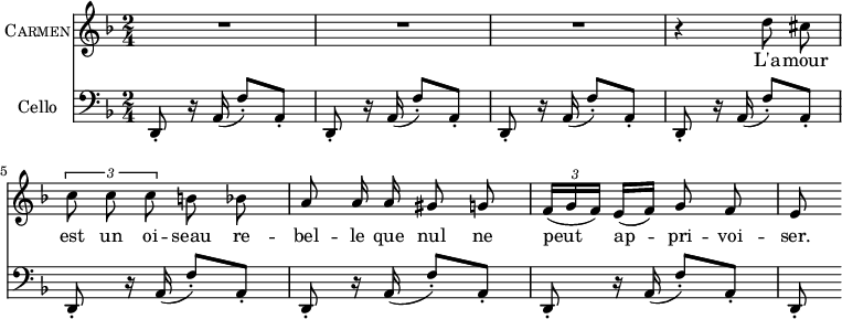 
\header { 
 tagline = "" % removed 
} 
\score {
 <<
 \new Voice = "Carmen" {
 \set Staff.vocalName = \markup \smallCaps Carmen
 \clef treble \time 2/4 \key d \minor
 R2 R2 R2
 \relative d'' { \autoBeamOff
 r4 d8 cis \tupletUp \times 2/3 { c c c } b bes
 a8 a16 a gis8 g \autoBeamOn \times 2/3 { f16(g f) } e[(f)] \autoBeamOff g8 f
 e8 \autoBeamOn
 }
 }
 \new Lyrics \lyricsto Carmen { L'a -- mour est un oi -- seau re -- bel -- le que nul ne peut ap -- pri -- voi -- ser. }
 \new Staff {
 \set Staff.instrumentName = "Cello"
 \clef bass \time 2/4 \key d \minor
 {
 d,8-. r16 a,(f8-.) a,-. 
 d,8-. r16 a,(f8-.) a,-. d,8-. r16 a,(f8-.) a,-. 
 d,8-. r16 a,(f8-.) a,-. d,8-. r16 a,(f8-.) a,-. 
 d,8-. r16 a,(f8-.) a,-. d,8-. r16 a,(f8-.) a,-. 
 d,8-.
 }
 }
 >>
}
