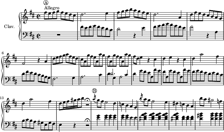 
\version "2.18.2"
\header {
  tagline = ##f
  % composer = "Domenico Scarlatti"
  % opus = "K. 282"
  % meter = "Allegro"
}

%% les petites notes
%trillBesp     = { \tag #'print { bes4.\prall } \tag #'midi { c32 bes c bes~ bes4 } }

upper = \relative c'' {
  \clef treble 
  \key d \major
  \time 2/2
  \tempo 2 = 102

      s8*0^\markup{Allegro}
      s8*0^\markup { \circle { A }}
      fis8 e fis g fis e d cis | d2. e4 | fis8 g a b a g fis e |
      % ms. 4
      d2. | a4 | d8 fis e d cis b a g | fis2 r4 a4 |
      % ms. 7
      d8 e fis g a fis e d | cis \repeat unfold 2 { a g' fis e a, a' g | fis } d e4 r4 cis4 |
      % ms. 11
      d4 e r4 cis4 | \repeat unfold 2 { d a'2 fis4 } | d8 e16 fis gis \tempo 2 = 72 a b8   \tempo 2 = 52 r2\fermata   \tempo 2 = 102
      % ms. 15
      s8*0^\markup { \circle { B }}
      \acciaccatura a16 g8 fis e2 d4 | c b a g | \acciaccatura b'16 a8 g fis2 e4 | dis c b a | b'8 a gis2 f4 |

}

lower = \relative c' {
  \clef bass
  \key d \major
  \time 2/2

    % ************************************** \appoggiatura a16  \repeat unfold 2 {  } \times 2/3 { }   \omit TupletNumber 
      R1 | fis8 e fis g fis e d cis | d2 r4 e4 |
      % ms. 4
      fis8 g a b a g fis e | fis2 r4 a,4 | d8 fis e d cis b a g |
      % ms. 7
      fis2. g4 | a2. cis4 | << { d2. cis4 } \\ { d4 g, a2 } >> | d4 g8 fis e a, a' g |
      % ms. 11
      fis8 a, g' fis e a, a' g | fis g fis e  d e d cis | b cis b a gis e gis fis | e4 r4 r2\fermata |
      % ms. 15
      < e' g >4 q q q | q q e4 e | < dis fis a b >4 q q q | q < dis fis >4 q q | < d gis b >4 q q q |

}

thePianoStaff = \new PianoStaff <<
    \set PianoStaff.instrumentName = #"Clav."
    \new Staff = "upper" \upper
    \new Staff = "lower" \lower
  >>

\score {
  \keepWithTag #'print \thePianoStaff
  \layout {
      #(layout-set-staff-size 17)
    \context {
      \Score
     \override TupletBracket.bracket-visibility = ##f
     \override SpacingSpanner.common-shortest-duration = #(ly:make-moment 1/2)
      \remove "Metronome_mark_engraver"
    }
  }
}

\score {
  \keepWithTag #'midi \thePianoStaff
  \midi { \set Staff.midiInstrument = #"harpsichord" }
}
