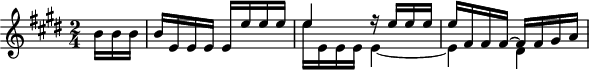 
\version "2.18.2"
\header {
 tagline = ##f
}

\score {
 \new Staff \with {

 }
<<
 \relative c'' {
 \key e \major
 \time 2/4
 \set Staff.midiInstrument = #"harpsichord"
 \override TupletBracket #'bracket-visibility = ##f 
 %\autoBeamOff

 %%%%%
 \partial 8.
 b16 b b | b e, e e e e' e e | << { e4 r16 e16 e e | e fis, fis fis~ fis fis gis a } \\ { e'16 e, e e e4~ | e dis } >>
 }
>>
 \layout {
 \context { \Score \remove "Metronome_mark_engraver" }
 }
 \midi {}
}
