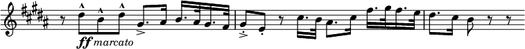 
\relative c'' \new Staff \with { \remove "Time_signature_engraver" } {
 \set Score.tempoHideNote = ##t \tempo "" 4=56 \key gis \minor \time 4/4
 r8 dis-^ _\markup { \dynamic ff \italic marcato } b-^ dis-^ gis,8.-> ais16 b16. ais32 gis16. fis32
 gis8-. -> e-. r cis'16. b32 ais8. cis16 fis16. gis32 fis16. e32
 dis8. cis16 b8 r r
}
