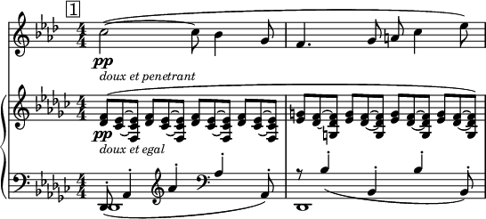 
<<
    \new Staff="clar" \relative c'' {
      \set Staff.midiInstrument = #"clarinet"
      \transposition bes
      \clef treble
      \numericTimeSignature
      \time 4/4
      \key aes \major

      \mark \markup { \box "1" }
      c2~\pp_\markup { \italic \small "doux et penetrant" }( c8 bes4 g8 | f4. g8 a c4 ees8)
    }
    
    \new PianoStaff {
      <<
        \new Staff="one" \relative c' {
          \clef treble
          \key ges \major 
          \numericTimeSignature
          \time 4/4
          
          \slurUp
          \override TupletNumber #'stencil = ##f
          \times 2/3 {<< f8(\pp_\markup { \italic \small "doux et egal" } des >> << ees8~ ces~ >> << ees8 ces f, >> }
          \repeat unfold 3 \times 2/3 {<< f'8 des >> << ees8~ ces~ >> << ees8 ces f, >> }
          \repeat unfold 3 \times 2/3 {<< g'8 ees >> << f8~ des~ >> << f8 des g, >> }
          \times 2/3 {<< g'8 ees >> << f8~ des~ >> << f8) des g, >> }
          \slurNeutral
        }
        
        \new Staff="two" \relative c, {
          \clef bass
          \key ges \major
          \numericTimeSignature
          \time 4/4
          
          <<
            { \slurDown
              des8-.( aes'4-. \clef treble aes''4-. \clef bass aes,-. aes,8-.) |
              r8 bes'4-.( bes,-. bes'-. bes,8-.) 
              \slurNeutral } \\
            { des,1 | des1 }
          >>
        }
      >>
    }
  >>
