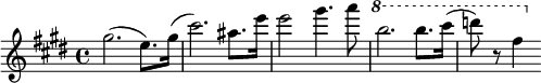 
\language "italiano"

\layout {
  indent = 0 \mm
  short-indent = 0 \mm
  line-width = 12.5 \cm
}

\relative do''' {
  \key mi \major
  \clef treble
  \time 4/4
  sold2.( mi8.) sold16( | dod2.) lad8. mi'16 | mi2 sold4. la8 |
  \ottava #1
  si2. si8. dod16( | re8) r8 fad,4
}
