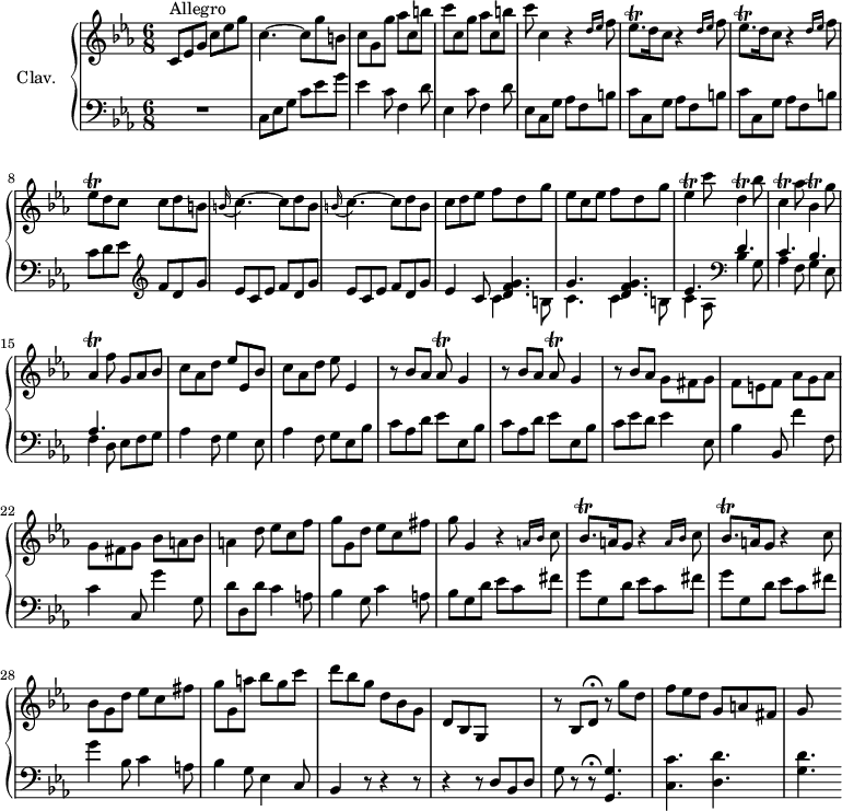 
\version "2.18.2"
\header {
 tagline = ##f
 % composer = "Domenico Scarlatti"
 % opus = "K. 129"
 % meter = "Allegro"
}

%% les petites notes
trillEesqp = { \tag #'print { ees8.\trill } \tag #'midi { f32 ees f ees~ ees16 } }
trillEesq = { \tag #'print { ees8\trill } \tag #'midi { f32 ees f ees } }
trillEes = { \tag #'print { ees4\trill } \tag #'midi { f32 ees f ees~ ees8 } }
trillDDown = { \tag #'print { d,4\trill } \tag #'midi { ees32 d ees d~ d8 } }
trillCDown = { \tag #'print { c,4\trill } \tag #'midi { d32 c d c~ c8 } }
trillBesDown = { \tag #'print { bes,4\trill } \tag #'midi { c32 bes c bes~ bes8 } }
trillAesDown = { \tag #'print { aes,4\trill } \tag #'midi { bes32 aes bes aes~ aes8 } }
trillAesq = { \tag #'print { aes8\trill } \tag #'midi { bes32 aes bes aes } }
trillBesqp = { \tag #'print { bes8.\trill } \tag #'midi { c32 bes c bes~ bes16 } }

upper = \relative c'' {
 \clef treble 
 \key c \minor
 \time 6/8
 \tempo 4. = 88
 \set Staff.midiInstrument = #"harpsichord"
 \override TupletBracket.bracket-visibility = ##f

 s8*0^\markup{Allegro}
 c,8 ees g c ees g | c,4.~ c8 g' b, | c g g' aes c, b' | c c, g' aes c, b' |
 % ms. 5
 c8 c,4 r4 \grace { \tempo 4. = 50 d16 ees } \tempo 4. = 88 f8 | \repeat unfold 2 { \trillEesqp d16 c8 r4 \grace { \tempo 4. = 50 d16 ees } \tempo 4. = 88 f8 } | \trillEesq d c c d b |
 % ms. 9
 \repeat unfold 2 { \appoggiatura b16 c4.~ c8 d b } | c8 d ees f d g | ees c ees f d g | \trillEes c'8 \trillDDown bes'8 |
 % ms. 14
 \trillCDown aes'8 \trillBesDown g'8 | \trillAesDown f'8 g,8 aes bes | c aes d ees ees, bes' | c aes d ees ees,4 | \repeat unfold 2 { r8 bes'8 aes \trillAesq g4 } |
 % ms. 20
 r8 bes8 aes << {} \\ { g8 fis g | f e f aes g aes | g fis g bes a bes | a4 } >> d8 | ees c f |
 % ms. 24
 g8 g, d' ees c fis | g8 g,4 \repeat unfold 2 { r4 \grace { \tempo 4. = 50 a16 bes } \tempo 4. = 88 c8 | \trillBesqp a16 g8 } r4 c8 |
 % ms. 28
 bes8 g d' ees c fis | g g, a' bes g c | d bes g d bes g | d bes g s4. | r8 bes \tempo 4. = 20 d8\fermata \tempo 4. = 88 r8 g' d |
 % ms. 33
 f8 ees d g, a fis | g8 s4

}

lower = \relative c' {
 \clef bass
 \key c \minor
 \time 6/8
 \set Staff.midiInstrument = #"harpsichord"
 \override TupletBracket.bracket-visibility = ##f

 % ************************************** \appoggiatura a16 \repeat unfold 2 { } \times 2/3 { } \omit TupletNumber 
 R2. | c,8 ees g c ees g | ees4 c8 f,4 d'8 | ees,4 c'8 f,4 d'8 |
 % ms. 5
 ees,8 c g' aes f b | \repeat unfold 2 { c c, g' aes f b } | c8 d ees \clef treble f d g |
 % ms. 9
 \repeat unfold 2 { ees8 c ees f d g } | ees4 c8 << { < d f g >4. | g4. < d f g > | ees } \\ { c4 b8 | c4. c4 b8 | c4 aes8 } >> \clef bass 
 % ms. 13 suite
 << { d4. | c bes | aes } \\ { bes4 g8 | aes4 f8 g4 ees8 | f4 d8 } >> ees8 f g | aes4 f8 g4 ees8 | aes4 f8 g ees bes' |
 % ms. 18
 \repeat unfold 2 { c aes d ees ees, bes' } | c8 ees d ees4 ees,8 | bes'4 bes,8 f''4 f,8 | c'4 c,8 g''4 g,8 | d'8 d, d' c4 a8 |
 % ms. 24
 bes4 g8 c4 a8 | bes g d' ees c fis | \repeat unfold 2 { g8 g, d' ees c fis } |
 % ms. 28
 g4 bes,8 c4 a8 | bes4 g8 ees4 c8 | bes4 r8 r4 r8 | r4 r8 d8 bes d | g r8 r8\fermata < g, g' >4.
 % ms. 33
 < c c' >4. < d d' > | < g d' > 

}

thePianoStaff = \new PianoStaff <<
 \set PianoStaff.instrumentName = #"Clav."
 \new Staff = "upper" \upper
 \new Staff = "lower" \lower
 >>

\score {
 \keepWithTag #'print \thePianoStaff
 \layout {
 #(layout-set-staff-size 17)
 \context {
 \Score
 \override SpacingSpanner.common-shortest-duration = #(ly:make-moment 1/2)
 \remove "Metronome_mark_engraver"
 }
 }
}

\score {
 \keepWithTag #'midi \thePianoStaff
 \midi { }
}
