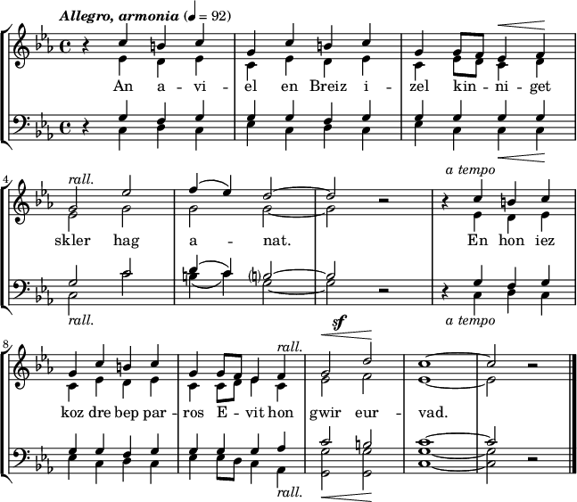 
\version "2.16.2"
\header {
  tagline = ##f
}
\score {
  \new StaffGroup <<
    \new Staff = "merc’hed" <<
      \key c \minor
      \time 4/4
      \tempo \markup {\italic "Allegro, armonia"} 4=92
      \new Voice = "soprano" { 
        \voiceOne <<
          \autoBeamOff
          \relative c'' {
\once \override Rest #'staff-position = #0 r4 c b c | g c b c | g g8 [f] ees4^\< f\! \break
g2^\markup { \italic rall. } ees' | f4 (ees) d2 ~| d \once \override Rest #'staff-position = #0 r | \once \override Rest #'staff-position = #0 r4^\markup { \italic " a tempo" } c b c | \break
g c b c | g g8 [f] ees4 f^\markup { \italic rall. } | g2 \once \override DynamicText #'X-offset = #-5 d'^\sf | c1 ~ | c2  \once \override Rest #'staff-position = #0 r \bar "|."
      } >> } 
      \new Voice = "alto" {  
        \voiceTwo <<
          \autoBeamOff
          \relative c' {
s4 ees d ees | c ees d ees | c ees8 [d] c4 d | \break
ees2 g | g g2 ~| g s | s4 ees d ees | \break
c ees d ees | c c8 [d] ees4 c | ees2^\<  f\! | ees1 ~ | ees2 s \bar "|."
      } >> }
    >>
    \new Lyrics 
    \lyricsto "soprano" {
An a -- vi -- el
en Breiz i -- zel
kin -- ni -- get skler hag a -- nat.
En hon iez koz
dre bep par -- ros
E -- vit hon gwir eur -- vad.
    }
    \new Staff = "paotred" <<
      \clef bass
      \key c \minor
      \time 4/4
      \autoBeamOff
      \new Voice = "tenor" { 
        \voiceOne <<
          \autoBeamOff
          \relative c' {
\once \override Rest #'staff-position = #0 r4 g f g | g g f g | g g g g | \break
g2 c | d4 (c) b?2 ~| b \once \override Rest #'staff-position = #0 r | \once \override Rest #'staff-position = #0 r4 g f g | \break
g g f g | g g g aes | c2 b | c1 ~ | c2  \once \override Rest #'staff-position = #0 r \bar "|."
      } >> }
      \new Voice = "bass" { 
        \voiceTwo <<
          \autoBeamOff
          \relative c {
s4 c d c | ees c d c | ees c c_\< c\!| \break
c2_\markup { \italic rall. } c' | b4 (c) g2 ~| g s | s4_\markup { \italic " a tempo" } c, d c | \break
ees c d c | ees ees8 [d] c4 aes_\markup { \italic rall. } | <g' g,>2_\< <g g,>^\! | <g c,>1 ~ | <g c,>2 s \bar "|."
      } >> }
    >>
  >>
  \layout { 
  indent = #00
  line-width = #160
  }
  \midi {}
}
