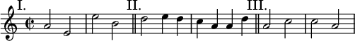 
\relative a' {
 \key a \minor \time 2/2
 \mark "I." a2 e e' b \bar "||"
 \mark "II." d2 e4 d c a a d \bar "||"
 \mark "III." a2 c c a
 }
