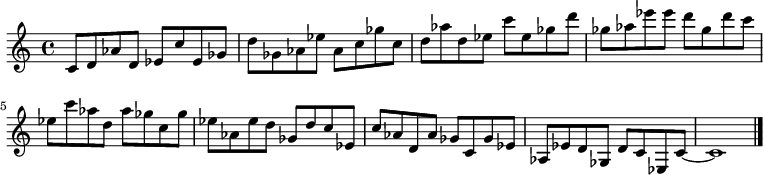 
{

\modalTranspose c c' { c d ees ges aes } { c8 d aes } 
\modalTranspose c d' { c d ees ges aes } { c d aes } 
\modalTranspose c ees' { c d ees ges aes } { c d aes } 
\modalTranspose c ges' { c d ees ges aes } { c d aes } 
\modalTranspose c aes' { c d ees ges aes } { c d aes } 
\modalTranspose c c'' { c d ees ges aes } { c d aes } 
\modalTranspose c d'' { c d ees ges aes } { c d aes } 
\modalTranspose c ees'' { c d ees ges aes } { c d aes } 
\modalTranspose c ges'' { c d ees ges aes } { c d aes } 

\modalInversion c ees''' { c d ees ges aes } { c d aes } 
\modalInversion c d''' { c d ees ges aes } { c d aes } 
\modalInversion c c''' { c d ees ges aes } { c d aes } 
\modalInversion c aes'' { c d ees ges aes } { c d aes } 
\modalInversion c ges'' { c d ees ges aes } { c d aes } 
\modalInversion c ees'' { c d ees ges aes } { c d aes } 
\modalInversion c d'' { c d ees ges aes } { c d aes } 
\modalInversion c c'' { c d ees ges aes } { c d aes } 
\modalInversion c aes' { c d ees ges aes } { c d aes } 
\modalInversion c ges' { c d ees ges aes } { c d aes } 
\modalInversion c ees' { c d ees ges aes } { c d aes } 
\modalInversion c d' { c d ees ges aes } { c d aes } 

c'8~ c'1

\bar "|."
}
