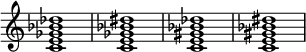 
{
\override Score.TimeSignature #'stencil = ##f
\relative c' {
 \clef treble
 \time 4/4
 \key c \major
 <c e ges bes des>1
 <c e ges bes dis>1
 <c e gis bes des>1
 <c e gis bes dis>1
} }
