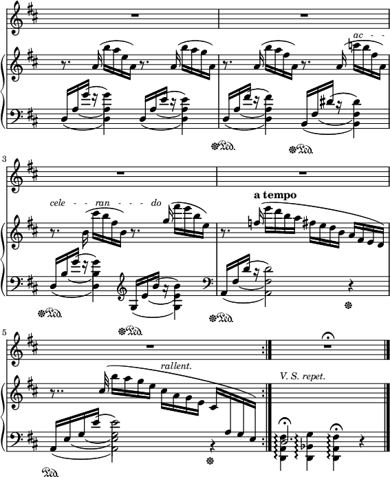 
sVarC = { << { \voiceOne d,16\sustainOff\sustainOn [a' g'] f\rest s4 } \new Voice { \voiceTwo \once \hide Stem d,4(d) } \new Voice { \voiceTwo s16 \once \hide Stem a'8(s16 a4) } \new Voice { \voiceTwo s8 \slurUp \once \hide Stem g'(g4) } >> 
<< { \voiceOne d,16[a' e'] d\rest s4 } \new Voice { \voiceTwo \once \hide Stem d,4(d) } \new Voice { \voiceTwo s16 \once \hide Stem a'8(s16 a4) } \new Voice { \voiceTwo s8 \slurUp \once \hide Stem e'(e4) } >> | 
<< { \voiceOne d,16\sustainOff\sustainOn[a' fis'] e\rest s4 } \new Voice { \voiceTwo \once \hide Stem d,4(d) } \new Voice { \voiceTwo s16 \once \hide Stem a'8(s16 a4) } \new Voice { \voiceTwo s8 \slurUp \once \hide Stem fis'(fis4) } >> 
<< { \voiceOne b,,16\sustainOff\sustainOn[fis' dis'] c\rest s4 } \new Voice { \voiceTwo \once \hide Stem b,4(b) } \new Voice { \voiceTwo s16 \once \hide Stem fis'8(s16 fis4) } \new Voice { \voiceTwo s8 \slurUp \once \hide Stem dis'(dis4) } >> | 
<< { \voiceOne d,16\sustainOff\sustainOn[b' g'] f\rest s4 } \new Voice { \voiceTwo \once \hide Stem d,4(d) } \new Voice { \voiceTwo s16 \once \hide Stem b'8(s16 b4) } \new Voice { \voiceTwo s8 \slurUp \once \hide Stem g'(g4) } >> \clef "violin"
<< { \voiceOne g,16\sustainOff\sustainOn[e' b'] a\rest s4 } \new Voice { \voiceTwo \once \hide Stem g,4(g) } \new Voice { \voiceTwo s16 \once \hide Stem e'8(s16 e4) } \new Voice { \voiceTwo s8 \slurUp \once \hide Stem b'(b4) } >> \clef "bass" | 
<< { \voiceOne a,,16\sustainOff\sustainOn[fis' d'] c\rest s2 } \new Voice { \voiceTwo \once \hide Stem a,4(a2) } \new Voice { \voiceTwo s16 \once \hide Stem fis'8(s16 fis2) } \new Voice { \voiceTwo s8 \slurUp \once \hide Stem d'(d2) } >> \oneVoice r4\sustainOff |
<< { \voiceOne a,16\sustainOn[e' g e'] s2 } \new Voice { \voiceTwo \once \hide Stem a,,4(a2) } \new Voice { \voiceTwo s16 \once \hide Stem e'8(s16 e2) } \new Voice { \voiceTwo s8 \once \hide Stem g(g2) } \new Voice { \voiceTwo s8. \slurUp \once \hide Stem e'16(e2) } >> \oneVoice b,4\rest\sustainOff | 
\stemDown <d, a' fis'>4\arpeggio <d bes' g'>\arpeggio <d a' fis'>\arpeggio\fermata r | }

sVarA = { R1*5 | }

sVarAk = { R1\fermata \bar "|." }

sVarB = { r8. a16( b'[a e a,]) r8. a16( b'[a g a,]) | 
r8. a16( b'[a fis a,]) r8. a16( c'^\markup { \small \italic "ac   -   - " } [b fis a,]) | 
r8.^\markup { \small \italic "cele   -   -   ran   -   -   -   do" } b16( cis'[b fis b,]) r8. \stemUp g'16( \stemNeutral fis'[e b e,]) | 
r8. \stemUp f16(^\markup { \bold "a tempo" } \stemDown e'[d b a] fis[e d b] \stemUp a[fis e d]) | 
r8.. cis'32( \stemDown b'16[a g e] cis^\markup { \small \italic "rallent." } [a g e] \stemUp cis[\change Staff="down" a g e]) | 
<< { \change Staff="down" d2.\fermata s4 } \new Voice {\change Staff="up" s1^\markup { \small \italic "V. S. repet." } } >> | }

\paper { #(set-paper-size "a4")
 oddHeaderMarkup = "" evenHeaderMarkup = "" }
\header { tagline = ##f }
\version "2.18.2"
\score {
\midi {  }
\layout { line-width = #140
\context { \PianoStaff \consists #Span_stem_engraver } indent = 0\cm}
<<
\new Staff { \clef "violin" \key d \major \time 4/4 \override Staff.TimeSignature #'transparent = ##t \autoBeamOff \relative f' { \repeat volta 4 { \sVarA } \sVarAk } }
\new PianoStaff <<
  \new Staff = "up" { \clef "violin" \key d \major \time 4/4 \override Staff.TimeSignature #'transparent = ##t \relative a' { \sVarB } }
  \new Staff = "down" { \clef "bass" \key d \major \time 4/4 \override Staff.TimeSignature #'transparent = ##t \relative d' { \sVarC } }
  >>
>> }