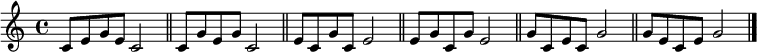 
{
\clef treble
\key c \major 
\time 4/4
c'8 e' g' e' c'2 \bar "||"
c'8 g' e' g' c'2 \bar "||"
e'8 c' g' c' e'2 \bar "||"
e'8 g' c' g' e'2 \bar "||"
g'8 c' e' c' g'2 \bar "||"
g'8 e' c' e' g'2 \bar "||"
\bar "|." 
}
