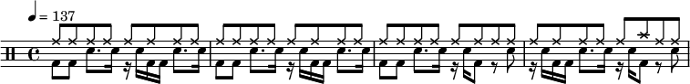 
#(define drumStyle '(
 (bassdrum default #f -3)
 (snare default #f 1)
 (ridecymbal cross #f 4)
 (crashcymbal cross #f 6)))
\new DrumStaff \with {
drumStyleTable = #(alist->hash-table drumStyle)
} {
 \time 4/4 \tempo 4 = 137
 \drummode { 
 <<
 { \repeat unfold 29 { cymr8 } cymc cymr8 8 }
 \\
 { \repeat unfold 2 { bd8 8 sn8. 16 r sn bd bd sn8. 16 }
 bd8 8 sn8. 16 r sn bd8 r sn r16 sn bd bd sn8. 16 r sn bd8 r sn }
 >>
 }
}
\layout { #(layout-set-staff-size 14) }
\midi {}
