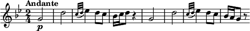 
\relative c'' { 
  \version "2.18.2"
  \key bes \major
  \tempo "Andante"
  \time 2/4
   \tempo 4 = 50
   g2\p d'
   \grace {c32 (d} ees4) d8 c
   bes16 c d8 r4
   g,2 d'
   \grace {c32 (d32} ees4) d8 c8
   bes16 a g8 r8
}
