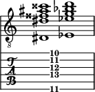  
<<
  %\override Score.BarLine.break-visibility = ##(#f #t #t)
  \time 2/1
    \new Staff  {
    \clef "treble_8"
        \once \override Staff.TimeSignature #'stencil = ##f
        <dis  dis' fisis' ais' cisis''>1 | <ees  ees' g' bes' d''>1 |
    }

     \new TabStaff {
       \override Stem #'transparent = ##t
       \override Beam #'transparent = ##t 
      s2 <dis\6  dis'\4 g'\3 ais'\2 d''\1>1 s2
  }
>>
