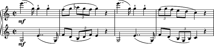 
{ \new PianoStaff <<
\new Staff \relative e''' { \set Staff.midiInstrument = #"piano" \key c \major \clef treble \time 2/2 \set Score.tempoHideNote = ##t \tempo 2 = 43
 e4.. \mf (g,16 ) g4 -! g4 -! | % 2
 f8 [ (g8 ]\noBeam \once \override TupletBracket #'stencil = ##f
 \times 2/3 {
  as8 g8 f8
 }
 g4 ) r4 | % 3
 e'4.. (g,16 ) g4 -! g4 -! | % 4
 \once \override TupletBracket #'stencil = ##f
 \times 2/3 {
  f8 (g8 f8
 }
 e8\noBeam [d8 ]c4 ) r4
 }
\new Staff \relative g { \set Staff.midiInstrument = #"piano" \key c \major \clef treble \time 2/2
 g2 \mf e'4.. (g,16 ) | % 2
 f'8\noBeam [d8 ]( \once \override TupletBracket #'stencil = ##f
 \times 2/3 {
  b8 d8 f8 )
 }
 e4 r4 | % 3
 g,2 e'4.. (g,16 ) | % 4
 f'8 \noBeam [d8 ] (\once \override TupletBracket #'stencil = ##f
 \times 2/3 {
  b8 g8 b8 )
 }
 c4 r4 }
>> }
