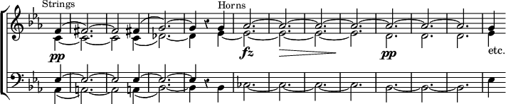 \new ChoirStaff << \override Score.TimeSignature #'stencil = ##f \override Score.Rest #'style = #'classical
  \new Staff <<
    \new Voice \relative f' { \key ees \major \time 3/4 \partial 4 \mark \markup \small "Strings" \stemUp
      f4^( | fis2.) ^~ fis2 fis4^( | g2.) ^~ |
      g4 r g^\markup \small "Horns" |
      aes2. ^~ aes ^~ aes ^~ aes ^~ aes ^~ aes ^~ aes | g4 }
    \new Voice \relative c' { \stemDown
     c4\pp _~ c2. _~ c2 c4_( | des2.) _~ des4 r ees4 _~ ees2.\fz _~ |
     ees\> _~ ees _~ ees\! | d2.\pp d d | ees4_"etc." } >>
  \new Staff <<
    \new Voice \relative e { \clef bass \key ees \major \stemUp
      ees4 ^~ ees2. ^~ ees2 ees4 ^~ ees2. ^~ ees4 r }
    \new Voice \relative a, { \stemDown
      aes4_( a2.) _~ a2 a4_( bes2.) _~ bes4 r bes | ces2. _~ |
      ces _~ | ces _~ ces bes _~ bes _~ bes | ees4 } >> >>