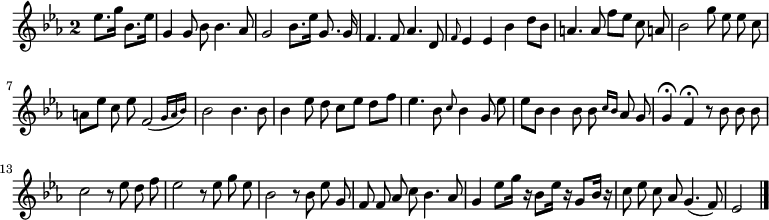 
\relative c'' {
  \key es \major
  \override Staff.TimeSignature #'style = #'single-digit
  \time 2/2
  \partial 2
  \autoBeamOff
  es8.[ g16] bes,8.[ es16]
  g,4 g8 bes bes4. aes8
  g2 bes8.[ es16] g,8. g16 % manque une double croche, je pointe la première croche.
  f4. f8 aes4. d,8
  \grace f es4 es bes' d8[ bes]
  a4. a8 f'[ es] c a!

  bes2 g'8 es es c
  a[ es'] c es \afterGrace f,2( { g16[ a bes]) }
  bes2 bes4. bes8
  bes4 es8 d c[ es] d[ f]
  es4. bes8\grace c bes4 g8 es'
  es[ bes] bes4 bes8 bes \grace { c16[ bes] } aes8 g
  g4\fermata f\fermata r8 bes bes bes

  c2 r8 es d f
  es2 r8 es g es
  bes2 r8 bes es g,
  f f aes c bes4. aes8
  g4 es'8[ g16] r bes,8[ es16] r g,8[ bes16] r
  c8 es c aes g4.( f8)
  es2
  \bar "|."
}
