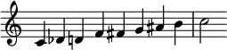  {
\override Score.TimeSignature #'stencil = ##f
\relative c' {\clef treble \time 8/4 c4 des d f fis g ais b c2} }