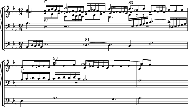 \new ChoirStaff << 
  \new PianoStaff <<
    \new Staff = "up" <<
      \new Voice \relative d'' { \override Score.Rest #'style = #'classical
        \time 12/8 \key ees \major \stemUp <d bes>4. r4. f2. |
        ees4. ^~ ees8^"S3" des ees aes, c16 bes c aes d8 c d |
        g,8 bes16 a bes g c8^"S3" bes c f, aes16 g aes f bes8 aes bes | ees,
      }
      \new Voice \relative c'' {
        \stemUp s4. c16 d ees d c bes a bes c bes c a bes c des c bes a |
        g16 aes bes aes bes g aes8 e\rest e\rest e2.\rest | c4.\rest \stemDown ees' des2. ^~ \stemUp des8[ c]
      }
      \new Voice \relative a' { \stemDown
        aes4. g8_"S3." f g c, ees16 d ees c f8 ees f |
        bes,4. ees16 \change Staff = "down" \stemUp ees, f g aes bes c4. ^~ c16 des, ees f g aes |
        bes c des c des bes c des ees des ees c bes2. | aes
      }
    >>
    \new Staff = "down" \relative b { \clef bass \key ees \major
       bes4. r r2. R1.*2 s2.
    }
  >>
  \new Staff \relative b, { \clef bass \key ees \major
     bes8 d16 c d bes ees2. des4.^"S1" ~ |
     des4. c f2. | ees4. aes2. g4. | aes s
  }
>>